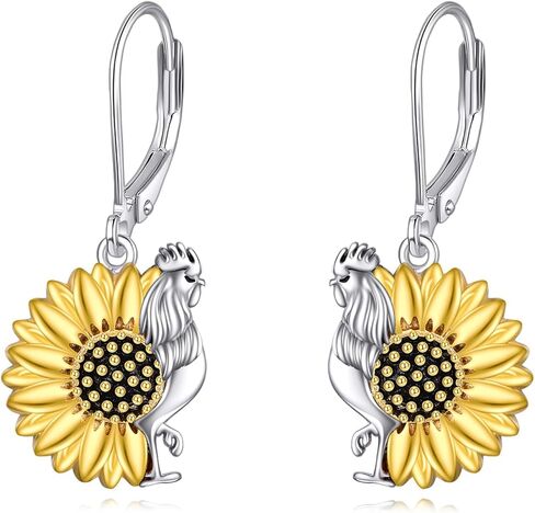 TIGER RIDER Chicken Rooster with Sunflower 925 Sterling Silver Dangle Earrings for Women Funny Animal Flower Jewelry Gifts for Birthday Christmas in Kuwait