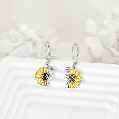 TIGER RIDER Chicken Rooster with Sunflower 925 Sterling Silver Dangle Earrings for Women Funny Animal Flower Jewelry Gifts for Birthday Christmas in Kuwait