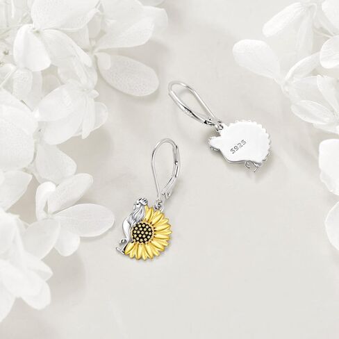 TIGER RIDER Chicken Rooster with Sunflower 925 Sterling Silver Dangle Earrings for Women Funny Animal Flower Jewelry Gifts for Birthday Christmas in Kuwait