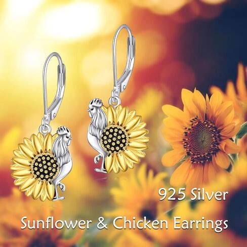 TIGER RIDER Chicken Rooster with Sunflower 925 Sterling Silver Dangle Earrings for Women Funny Animal Flower Jewelry Gifts for Birthday Christmas in Kuwait