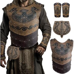 HiiFeuer Viking Embossed Chest Armor with Belt Pouch and Arm Guards, Medieval Faux Leather Knight Cosplay Costume for Ren Faire