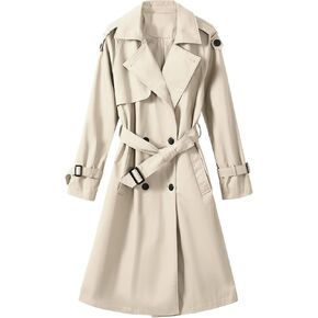 Trench Coat Women Double Breasted Windproof Classic Lapel Belted Long Outerwear Overcoat with Belt