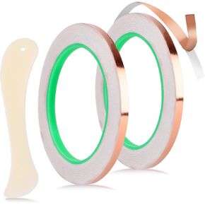 2pcs Copper Foil Tape Kit for Stained Glass, 1/5"x65.6 Feet Double-Sided Adhesive Conductive Tape with Plastic Scraper Supplies for Slugs EMI Shielding Electrical Repair Guitar Muffling