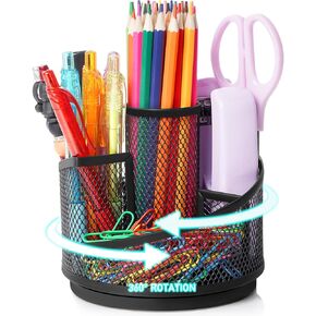 Pencil Holder for Desk Pen Holder, 5 Slots 360°Degree Rotating Desk Organizer, Desktop Storage Stationery Supplies, Cute Pen Organizer Pencil Cup Pot Caddy for Office School Home Art (Black)