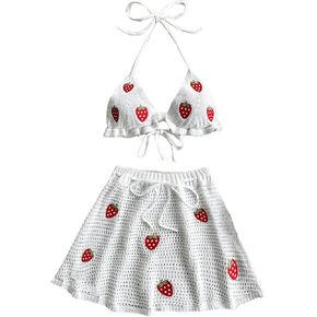 WDIRARA Women's 2 Piece Set Strawberry Knit Halter Crop Top and Mini Skirt Set Vacation Outfits