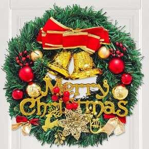 DAKSHA 12 Inch Christmas Wreath for Front Door with Large Red Golden Bow, Reindeer and Colored Balls Decoration, Merry Christmas Wreaths for Indoor Outdoor