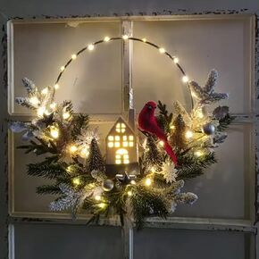Christmas Wreath with 40 LED Lights with Timer,prelit Christmas Cardinal Bird Grapevine Wreath with Cotton and Red Berries, Woodland Natural Wreath, Red Berries and Cotton, Red Green and White-22inch