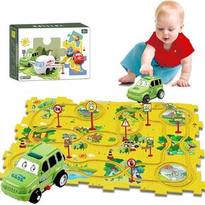 25PCS Puzzle Racer Kids Car Track Set, DIY Puzzle Racer Car Track Set with Vehicles，Puzzle Track Car Play Set for Kids Boys Girls (Land)