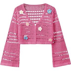 Verdusa Girl's 3D Floral Applique Long Sleeve Hollow Out Knitted Button Up Cardigan