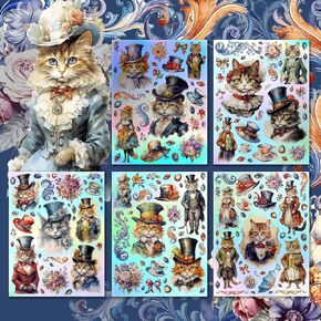Holographic Stickers Pack # English Cats in Victorian Style Clothing at Tea Party HANATABA Vintage Art Deco Styled Wall Laptop Large Vinyl Hologram Stickers