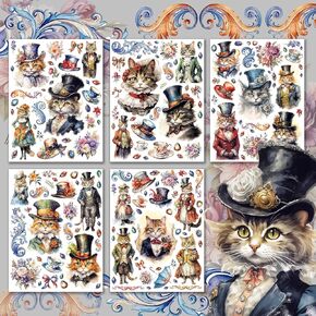 Holographic Stickers Pack # English Cats in Victorian Style Clothing at Tea Party HANATABA Vintage Art Deco Styled Wall Laptop Large Vinyl Hologram Stickers