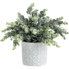 MyGift Artificial Plant Eucalyptus Boxwood in Modern Black Concrete Pot with Geometric Embossed Pattern, Faux Indoor Plant Home Decor Greenery in Decorative Round Planter