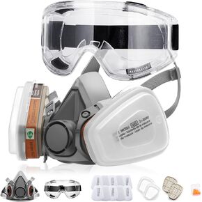 RANKSING Professional 6200 Half Facepiece Reusable Respirator Active Carbon Set with Anti-Fog Safety Goggle 10 Filters 2 Cartridges 2 Earplugs 2 Covers for Dust/Organic Vapors/Smells/Fumes/Sawdust/Asbestos for Painting,Staining,Spraying,Sanding,Cutting,Po