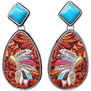 Western Oval Headdress Embossed Post Earrings Native Indian Boho Navajo (Turquoise)