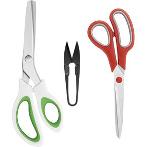 Pinking Shears Set, Zig Zag Scissors for Fabric, Dressmaking, Sharp Stainless Steel Blades Scissors, Thread Cutter Included, 3 Pieces