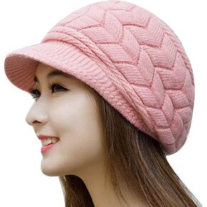 Roll Up Knit Beret Hats for Women | Newsboy Beanie Cap with Visor & Earflap | Cozy Wool Hat for Girls