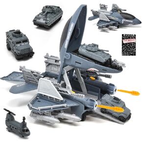 US Air Force Military Aircraft Carrier Toy Fighter Airplane, Raptor Mega Base with Vehicles Army Toy Shoots Missiles Convertible Jet with Helicopter for Kids