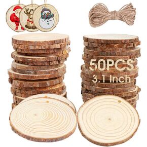 AerWo Natural Wood Slices 50 Pcs 2.7-3.1 Inches Craft Wood Kit Unfinished Predrilled with Hole Wooden Circles Tree Slices for Arts and Crafts Christmas Ornaments DIY Crafts