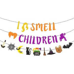 لافتة I Smell Children، لافتات زينة الهالوين اللامعة، لافتات Hocus Pocus لتزيين حفلات العطلات، لافتة دعائم للصور لتزيين المنزل والحفلات (متعددة الألوان)