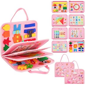 Montessori Busy Board for Toddlers 1-4 Years Old – Sensory Educational Toy for Fine Motor Skills, Travel-Friendly Activity Book, for Boys & Girls, Pink