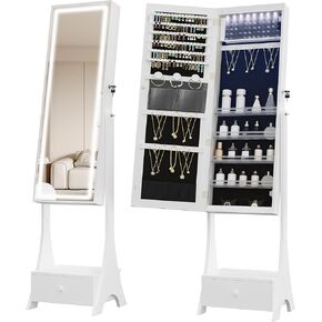 8 LEDs Jewelry Cabinet, 42.5" Tall Frameless Mirror Jewelry Armoire with Lights, Freestanding Makeup Jewelry Storage with 1 Drawer, 5 Shelves, Jewelry Organizer, White and Black JC35403B