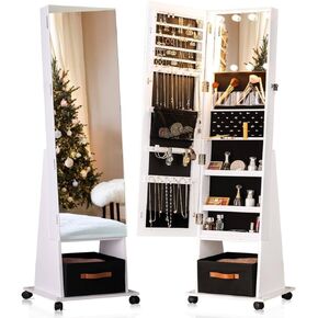 LUXFURNI 360° Swivel Mirror Jewelry Cabinet with Lights, Standing Jewelry Armoire Organizer Mirror with 4 wheels, 66" Rotating Full Length Mirror with Jewelry Storage, White
