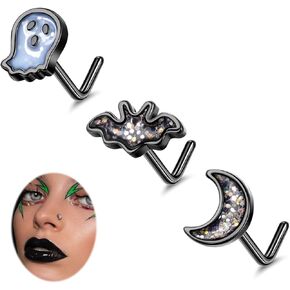 3Pcs 20G 316L Stainless Steel Halloween Nose Ring Studs For Women Men Bat L Shaped Nose Studs Black Spider Ghost Nose Piercing Jewelry