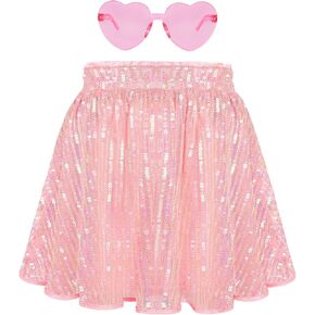 eccbox Girls Glitter Skirt Sparkle Sequin Shiny Pleated A-Line Mini Skort Party Dance Skirt with Glasses