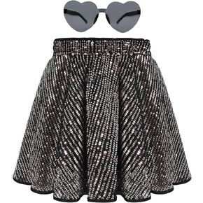 eccbox Girls Glitter Skirt Sparkle Sequin Shiny Pleated A-Line Mini Skort Party Dance Skirt with Glasses