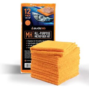 Suds Lab Premium Microfiber Towels for Car Detailing, Cleaning, Washing, Polishing - 16"x16" Ultra-Soft, Edgeless, Scratch-Free Cloth, Dual-Weave, Pack of 12