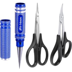 RC Body Reamer Hole Puncher, Curved Scissors & Straight Scissor RC Car Body Mounting 3pc Combo Set,0-14mm Hole (Black)