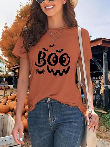 Women Halloween Thanksgiving Shirts Funny Leopard Pumpkin Graphic Print Fall T Shirts in Saudi Arabia