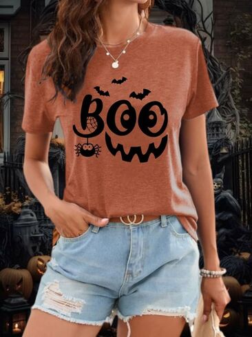 Women Halloween Thanksgiving Shirts Funny Leopard Pumpkin Graphic Print Fall T Shirts in Saudi Arabia