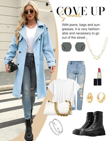 Trench Coat Women Double Breasted Windproof Classic Lapel Belted Long Outerwear Overcoat with Belt in Saudi Arabia