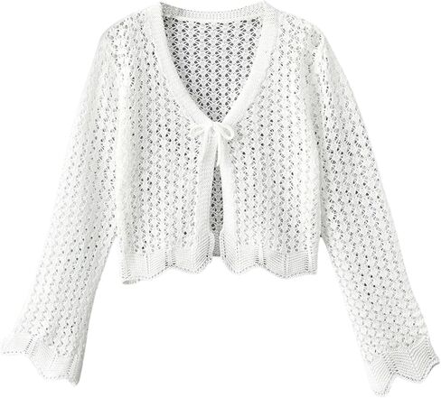 GORGLITTER Girl's Crochet Knit Top Tie Front Long Sleeve Bolero Shrug Lightweight Cardigan Sweaters in Saudi Arabia
