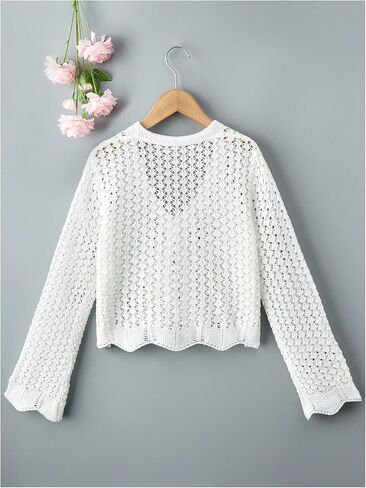 GORGLITTER Girl's Crochet Knit Top Tie Front Long Sleeve Bolero Shrug Lightweight Cardigan Sweaters in Saudi Arabia