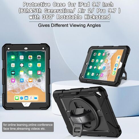 LTROP Protective Cover Case for iPad 6th/ 5th Generation & iPad Air 2 Case, iPad 9.7 Inch Case with Shoulder Strap Pen Holder Swivel Stand, Aqua Teal in Saudi Arabia