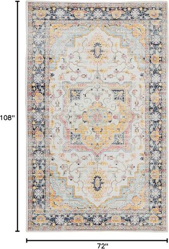 Kaspene Home - سجادة منطقة رفيعة قابلة للغسل في الغسالة - سجادة شرقية عتيقة لغرفة الطعام باللون البرتقالي والأزرق وغرفة النوم وغرفة المعيشة - مقاومة للبقع والماء، وغير قابلة للانزلاق، وصديقة للحيوانات الأليفة والأطفال، مقاس 6x9 in Kuwait