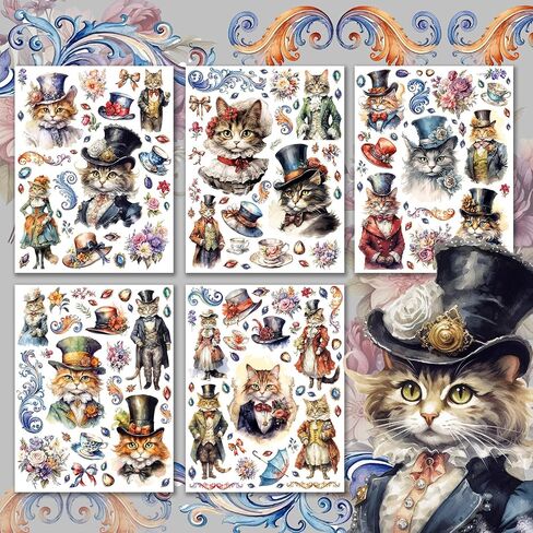 Holographic Stickers Pack # English Cats in Victorian Style Clothing at Tea Party HANATABA Vintage Art Deco Styled Wall Laptop Large Vinyl Hologram Stickers in Saudi Arabia