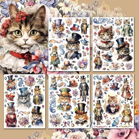 Holographic Stickers Pack # English Cats in Victorian Style Clothing at Tea Party HANATABA Vintage Art Deco Styled Wall Laptop Large Vinyl Hologram Stickers in Saudi Arabia