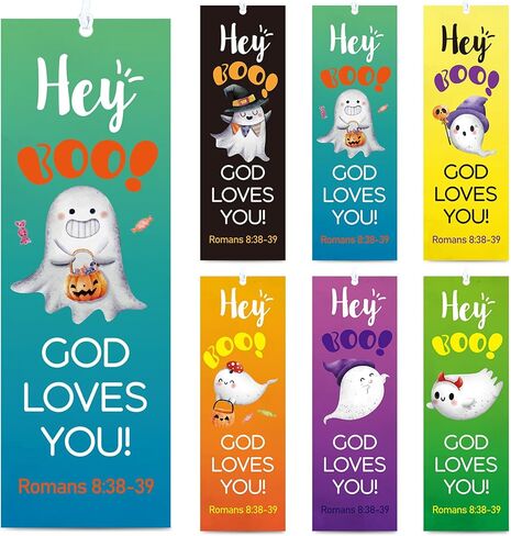 60 Pcs Halloween Bookmark Hey Boo God Loves You Bookmark Romans 8: 38-39 Ghost Christian Bookmarks VBS Exchange Gifts for Kids Adult Church School Classroom Prizes Party Favors in Saudi Arabia