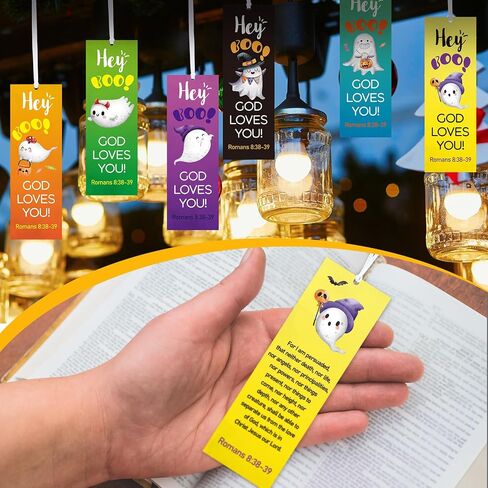 60 Pcs Halloween Bookmark Hey Boo God Loves You Bookmark Romans 8: 38-39 Ghost Christian Bookmarks VBS Exchange Gifts for Kids Adult Church School Classroom Prizes Party Favors in Saudi Arabia