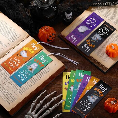 60 Pcs Halloween Bookmark Hey Boo God Loves You Bookmark Romans 8: 38-39 Ghost Christian Bookmarks VBS Exchange Gifts for Kids Adult Church School Classroom Prizes Party Favors in Saudi Arabia
