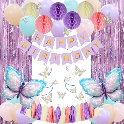 Amandir Purple Birthday Decorations for Women Girl Butterfly Birthday Party Decorations Supplies Pink and Purple Balloons Happy Birthday Circle Dots Banner Butterfly Hanging Swirl Paper Lanterns Pom in Kuwait