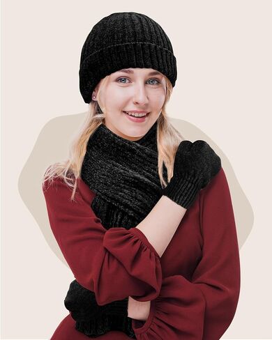 LiuSuper Hat Scarf Glove Set for Women, with Womens Beanies for Winter, Long Scarf and Touchscreen Gloves 3 in 1 in Kuwait