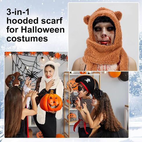 Coume 3 Pack Winter Fleece Women's Bear Ear Sherpa Hooded Hat Scarf Gloves 3 in 1 Hooded Scarf Ear Protection Windproof Cap Soft Plush Thick Warm Hat Soft Faux Fur Hooded Scarves for Women Men in Saudi Arabia