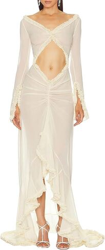 Women Sexy Mesh Sheer Maxi Dress Y2k Floral See Through Low Cut Dress Backless Bodycon Long Dress Party Dress in Saudi Arabia