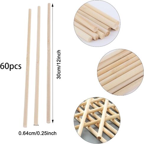 60Pcs Wooden Dowel Rods 1/4 x 12 Inch Bamboo Sticks Natural Wood Dowels Unfinished Hardwood Sticks for Craft and DIY Projects in Saudi Arabia