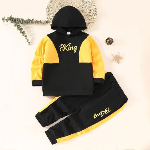Toddler Kid Boy Clothes Outfits Letter Graphic Color Block Hoodie Sweatpants 2PC Outfit Set in Saudi Arabia