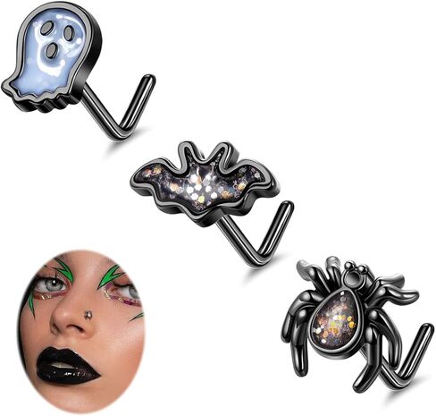 3Pcs 20G 316L Stainless Steel Halloween Nose Ring Studs For Women Men Bat L Shaped Nose Studs Black Spider Ghost Nose Piercing Jewelry in Kuwait
